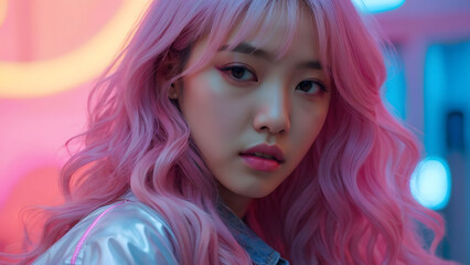 Young pretty Asian woman with glitter make-up wearing sporty fashion, white clothes, model posing isolated on a colorful modern pink and blue background, k-pop style
