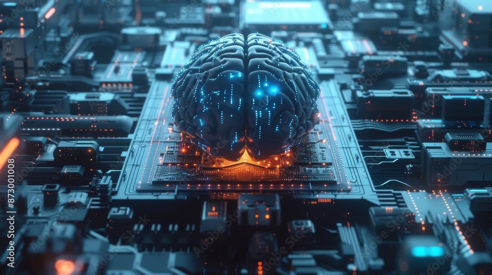 Aufkleber brain on a computer circuit representing artificial intelligence in a futuristic environment