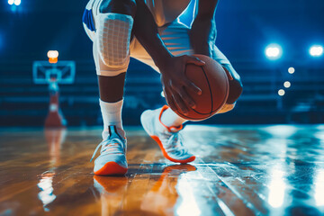 A basketball player in action on an indoor court, focusing on the lower body and ball.