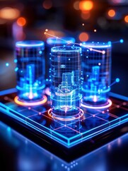 Futuristic digital representation of a battery grid with blue neon lights and holographic elements, illustrating advanced technology concepts.