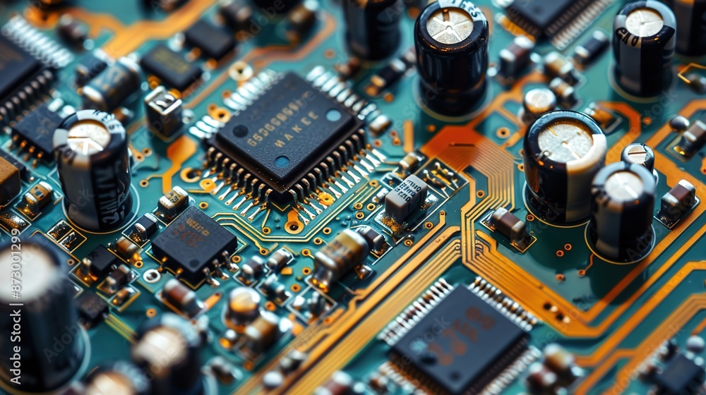 Aufkleber intricate circuit board patterns and electronic components in detailed macro shot