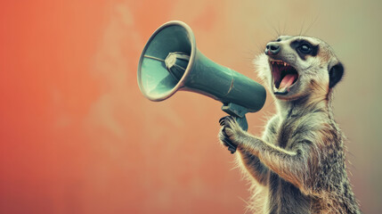 Fototapeta premium Meerkat holding a megaphone on an orange background, humorous concept