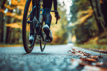 Naklejka premium A cyclist riding on a scenic road through a forest with autumn foliage.
