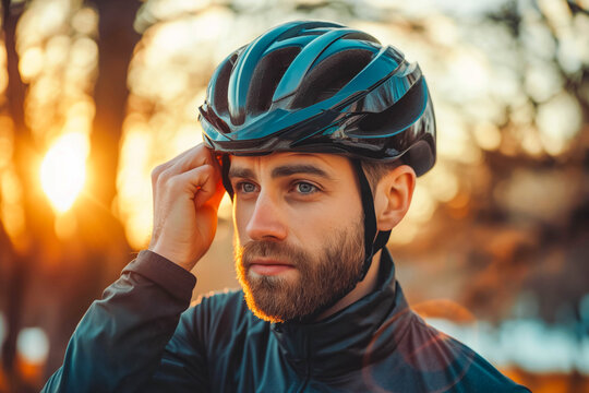A man wearing a black cycling helmet adjusts his helmet with both hands. He is dressed in a black jacket and is outdoors with a blurred background of trees.
