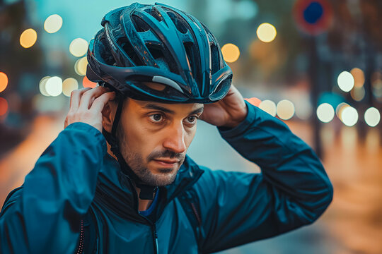 A man wearing a black cycling helmet adjusts his helmet with both hands. He is dressed in a black jacket and is outdoors with a blurred background of trees.