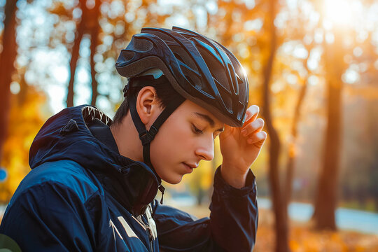 A man wearing a black cycling helmet adjusts his helmet with both hands. He is dressed in a black jacket and is outdoors with a blurred background of trees.