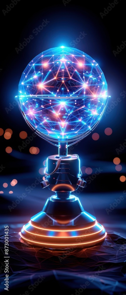 Poster futuristic glowing orb with intricate geometric patterns illuminated with neon lights, representing 