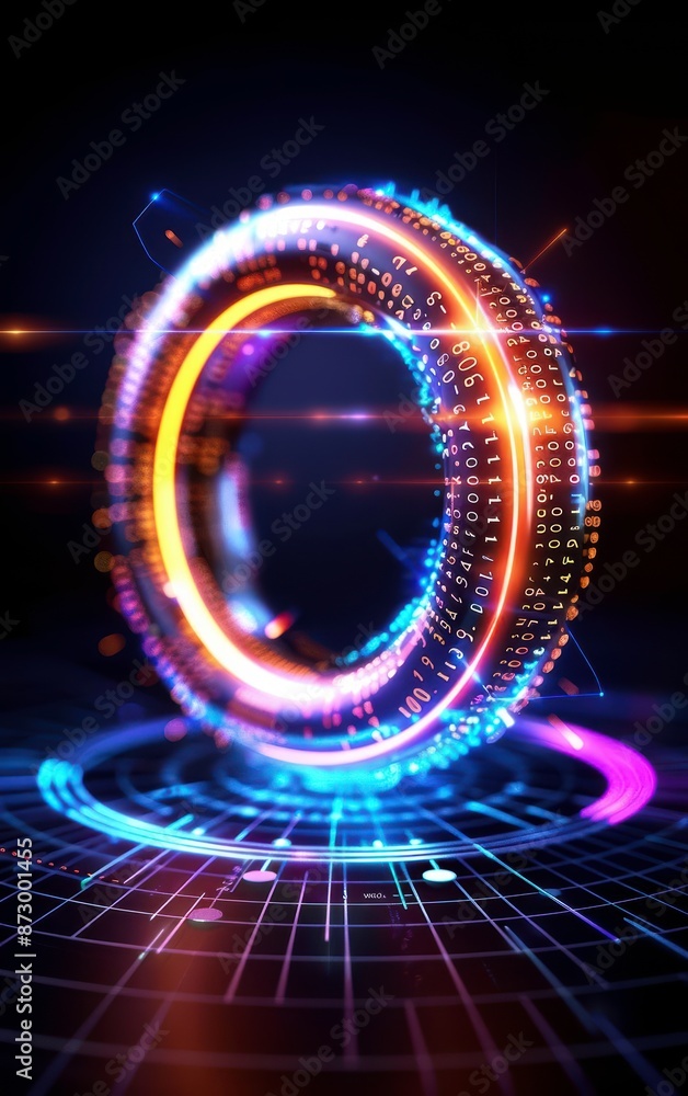 Poster futuristic glowing ring in digital space with neon lights and particle effects, representing technol