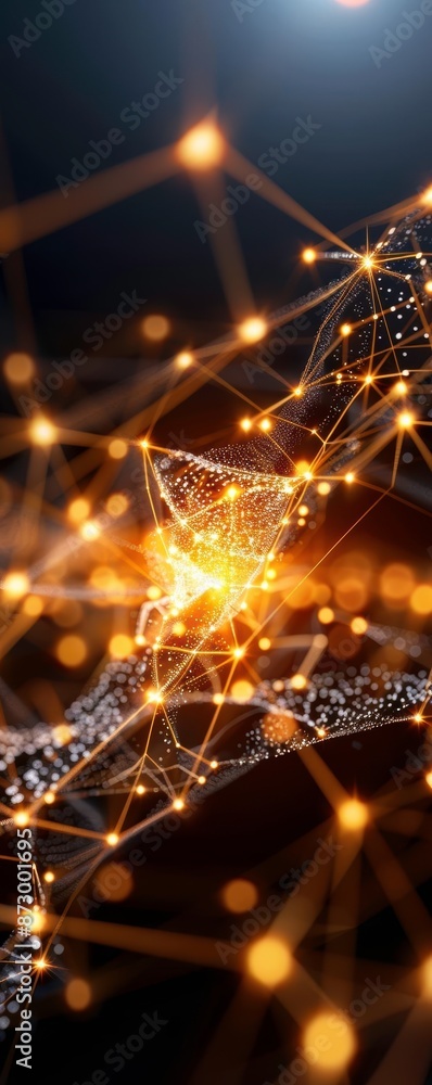 Poster futuristic network visualization with glowing nodes and connections, representing technology, data e