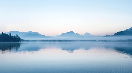 Fototapeta premium Serene Dawn: Misty Lake with Silhouetted Mountains