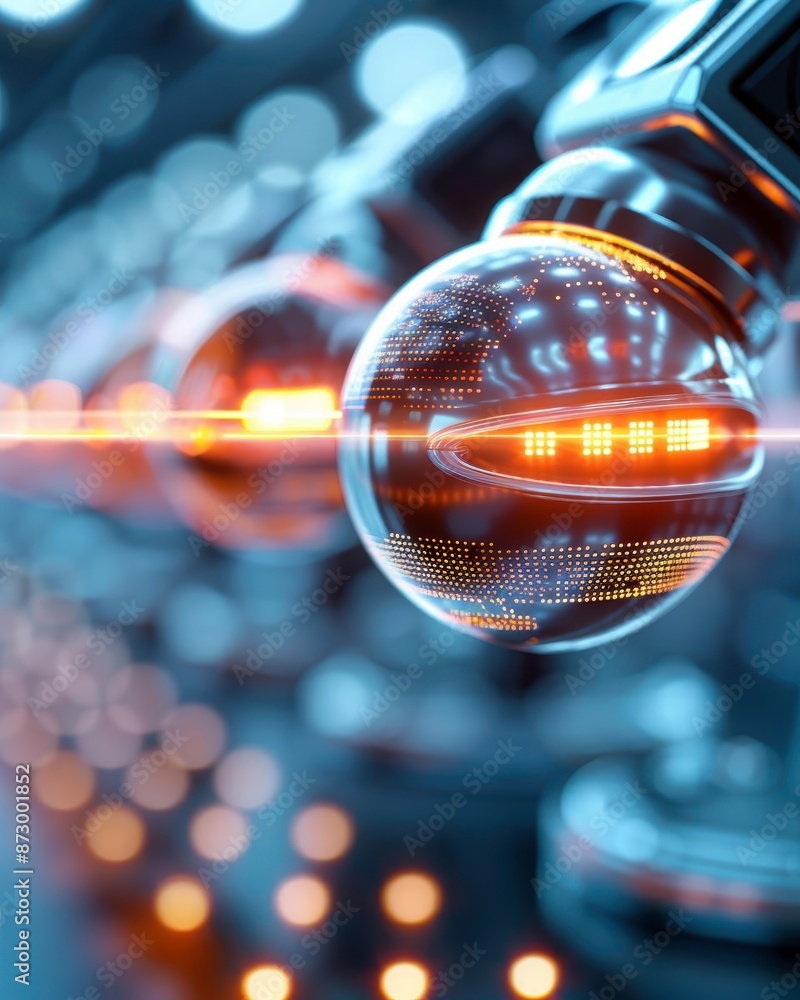 Poster futuristic robotic arm with glowing sphere in a high-tech environment, showcasing advanced technolog
