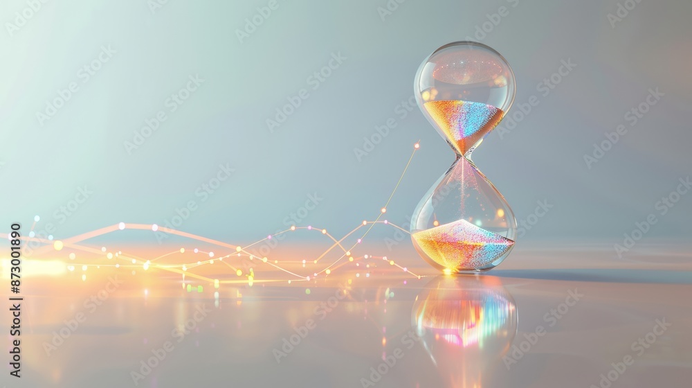 Poster hourglass with colorful sands and digital lines, reflection on glossy surface. concept of time and t
