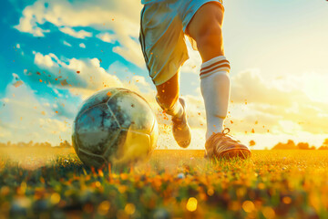 A soccer player kicking a ball on a grassy field during sunset, with dirt flying around.