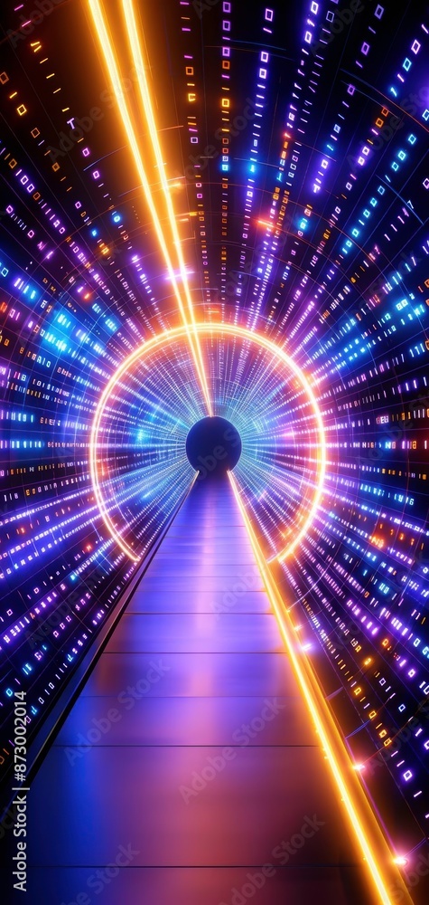 Poster futuristic tunnel with vibrant lights and a glowing pathway, creating an abstract and immersive visu