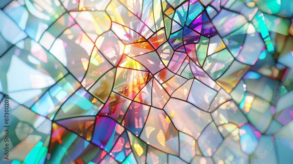 Poster abstract stained glass window with colorful geometric pattern and light reflections