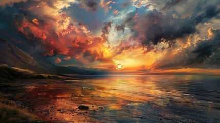 Serene Coastal Beauty: Scenic Bay at Sunset Embraced by Dramatic Sky