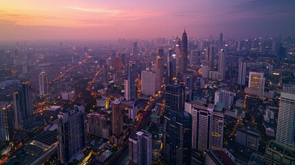 Fototapeta premium Aerial view of Bangkok cityscape around Rama 9 area at dawn, with skyscrapers and streets illuminated in soft lavender and gold hues.