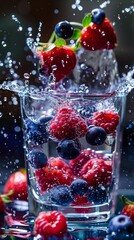 Fresh berries splashing into a glass of water, closeup shot. Refreshing summer concept
