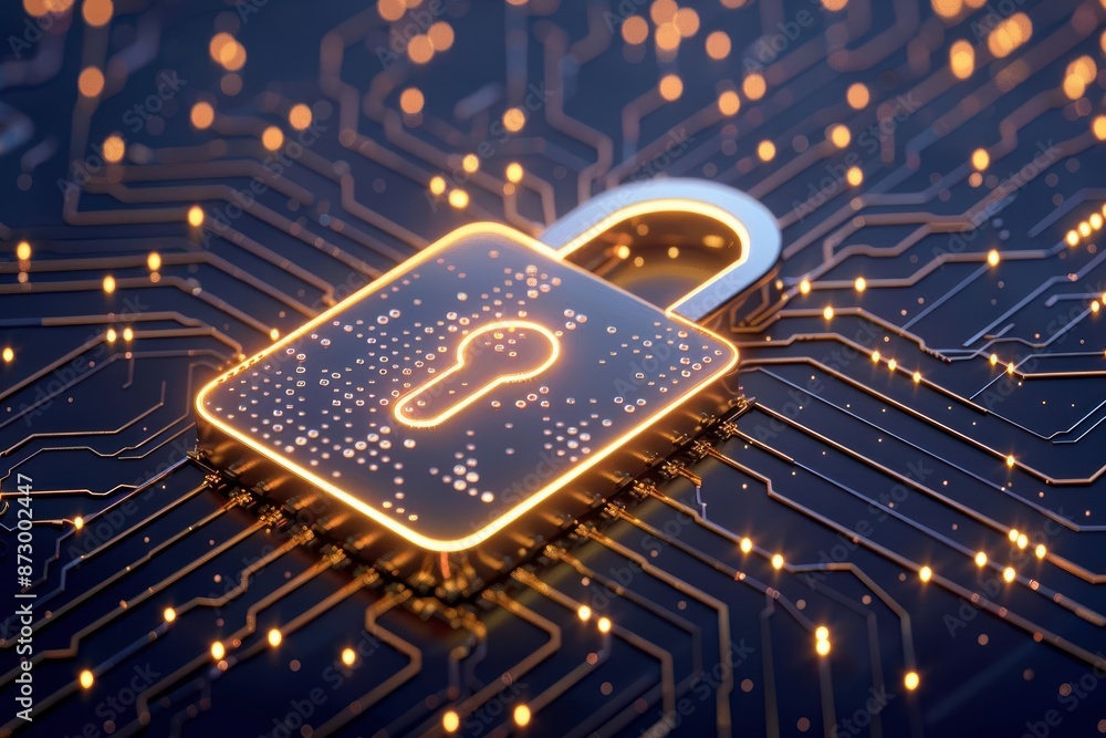Poster golden lock on illuminated circuit board symbolizing data security, encryption, and protection in di