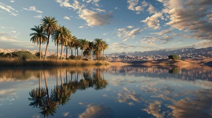 Obraz premium Serene Oasis: Reflective Still Water Mirroring Majestic Palm Trees in Desert Landscape
