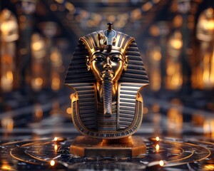 Golden pharaoh bust with intricate details, surrounded by a mystical, dimly-lit ambiance, showcasing ancient Egyptian art.
