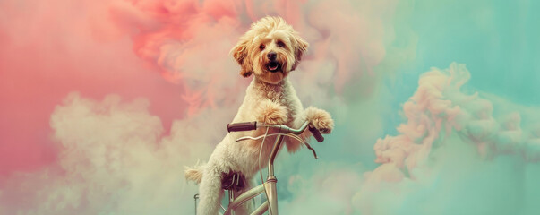 Dog riding a bicycle with colorful clouds background, whimsical and joyful concept