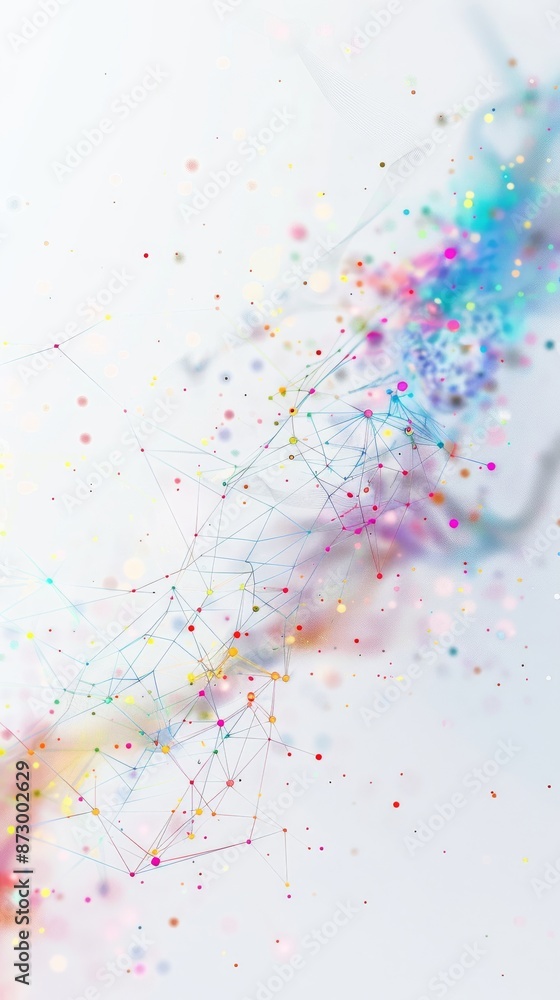 Poster abstract geometric shapes and colorful dots on a white background, futuristic digital network concep