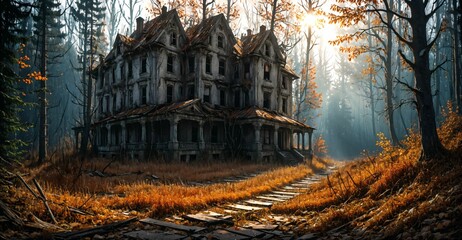 abandoned neighborhood house buildings in overgrown post apocalyptic suburban neighborhood in autumn fall. old town home ruins in housing suburbs surrounded by trees.