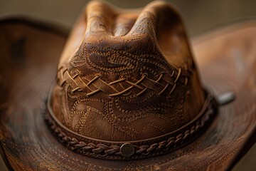 Close-up of intricately designed leather cowboy hat on wooden su