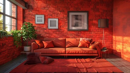 Minimalist interior design featuring a red brick wall and cozy red-orange color palette, ideal for modern living rooms.