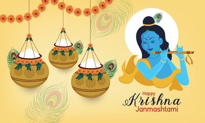 Happy janmashtmi festival of India lord Krishna playing bansuri background