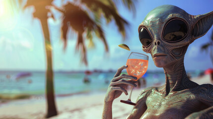 Alien relaxing on tropical beach with cocktail, surreal vacation concept
