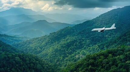 Fototapeta premium Aerial view of White Airplane taking off or flying in the air above green rain forest mountain view, nature landscape, healthy environment area, with.