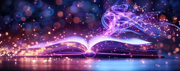Magical book with glowing pages and sparkling effects, perfect for fantasy themes and storytelling concepts in vibrant colors.