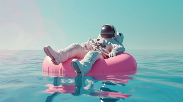 Astronaut on inflatable ring in ocean, surreal vacation concept