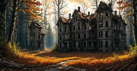 Obraz premium decayed abandoned house buildings in overgrown post apocalyptic suburban neighborhood in autumn fall. old town home ruins in housing suburbs surrounded by trees.
