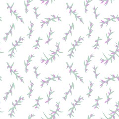 Seamless abstract botanical pattern. Simple background with green, pink, white texture. Digital brush strokes. Plants, leaves. Design for textile fabrics, wrapping paper, background, wallpaper, cover.