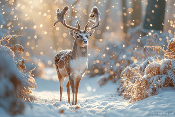 A beautiful Christmas scene with a deer in a winter snow-covered forest. An idea for a postcard. A New Year's or Christmas concept. © StokHunt