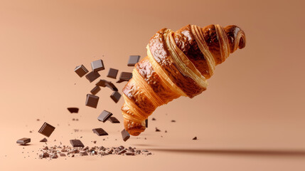 Flying croissant with chocolate pieces on beige background. Creative food concept