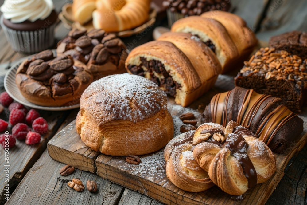 Wall mural Assorted Baked Goods and Pastries on Wooden Table