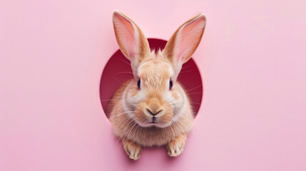 Fototapeta premium adorable bunny peeking through a red hole on a pink background, cute pet photography concept