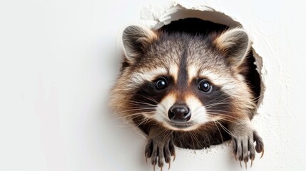 Obraz premium Raccoon peeking through a hole in the wall, curious wildlife scene. Cute animal behavior concept