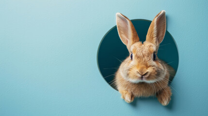 Obraz premium Cute brown rabbit peeking through a circular hole in a turquoise wall