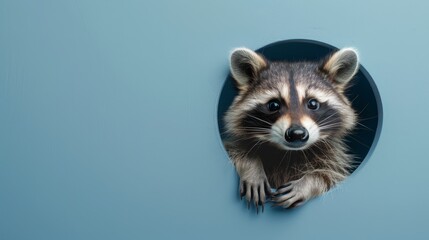 Curious raccoon peeking through a round hole in a blue wall, close-up view. Animal curiosity concept