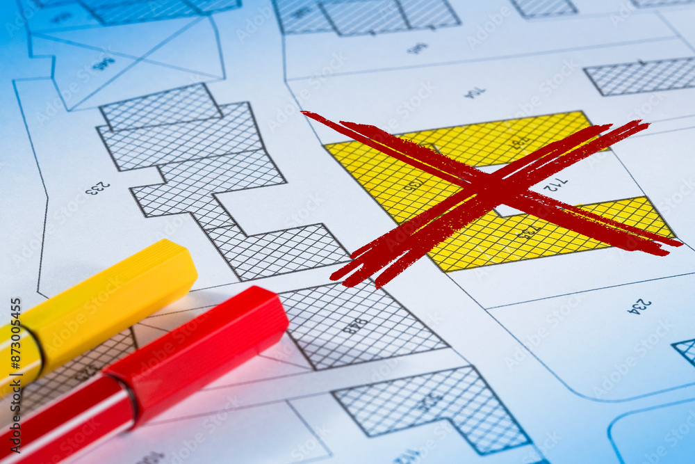 Poster illegal building activity concept with a residential building built without a valid construction bui