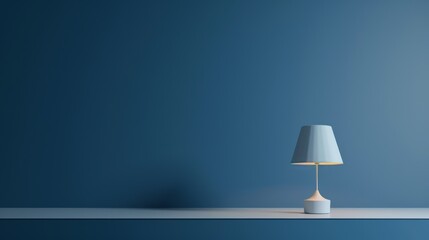 Minimalist blue interior with table lamp on shelf, modern home decor concept