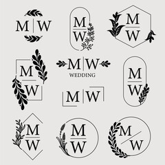 Beautiful wedding monogram template set, vector collection, 