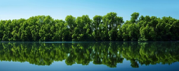 Calm lake with a forest reflection on a clear sunny day, panoramic view. Nature tranquility and serenity concept