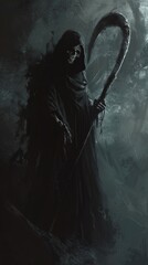 Fototapeta premium Dark cloaked figure with scythe in eerie landscape, horror and mystery concept