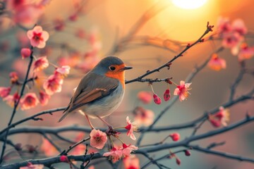 Obraz premium Robin Perched on Cherry Blossom Branch at Sunset